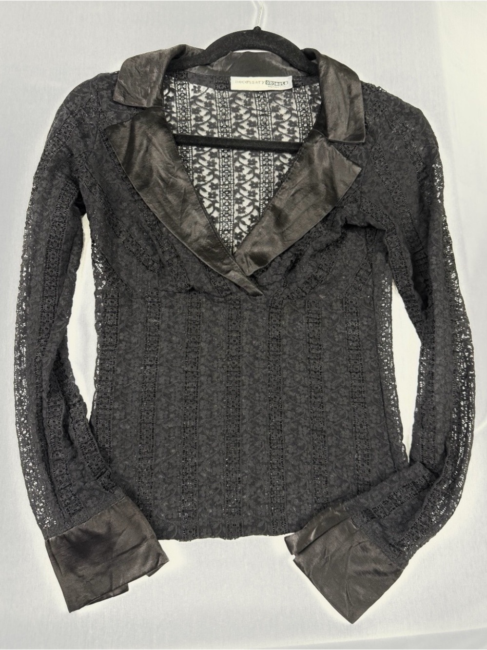 Necessary Objects Black Lace Top Sheer Goth Romantic Y2K Satin Collar